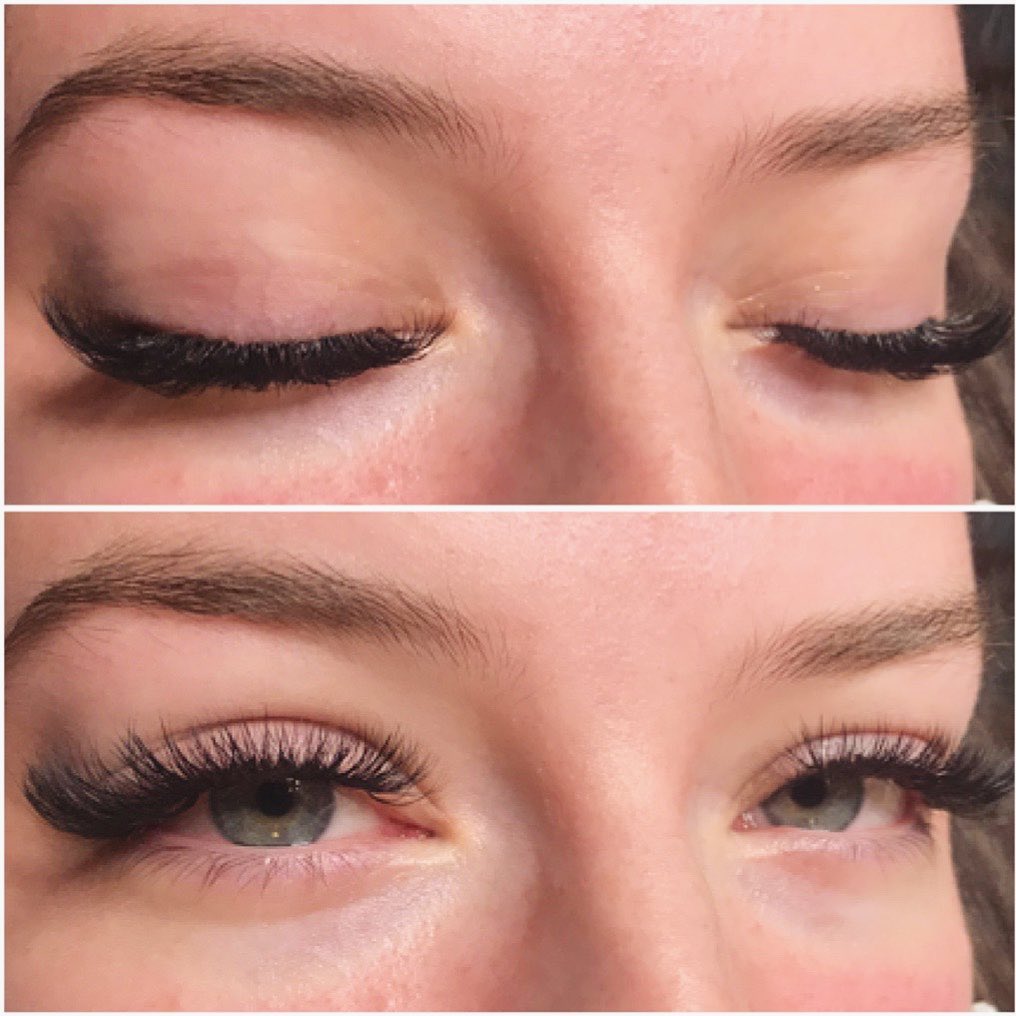 Volume lash detail — eyes closed and open